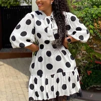 polka dot print dress white for women bow lantern sleeve loose straight lace patchwork fashion african ladies dress mid 2022 new