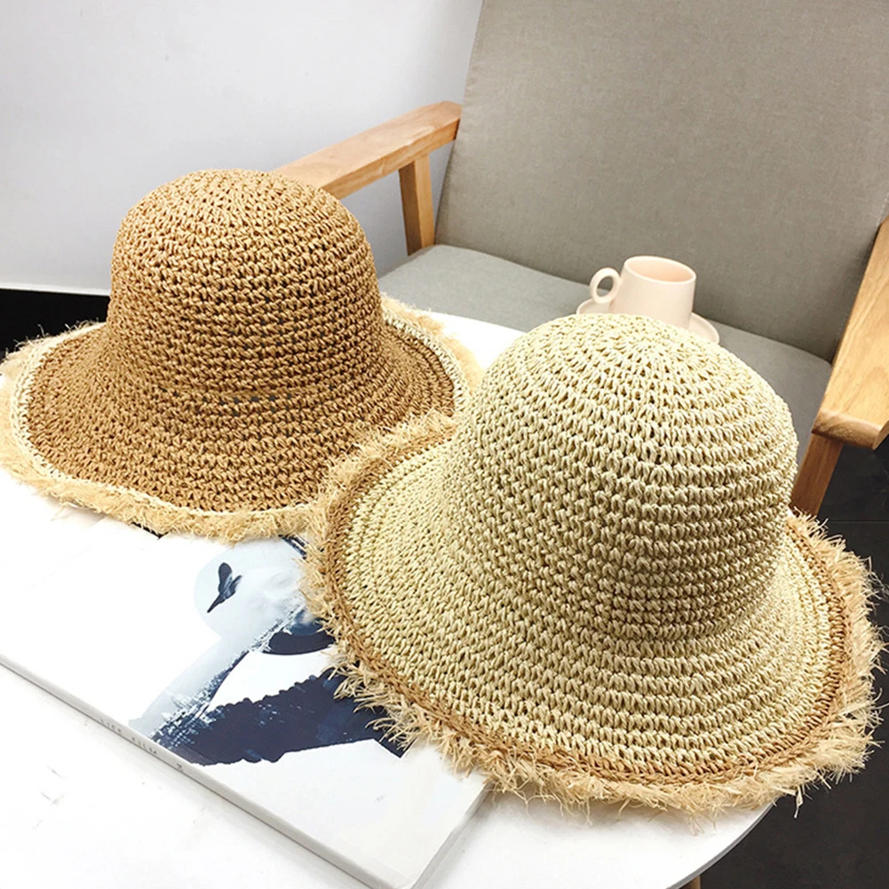

Summer Women Crochet Knit Straw Hat Wide Wavy Brim Sunscreen Beach Cap Sunhat Outdoor Anti Uv Bowknot Straw Sun Hat Panama Hat