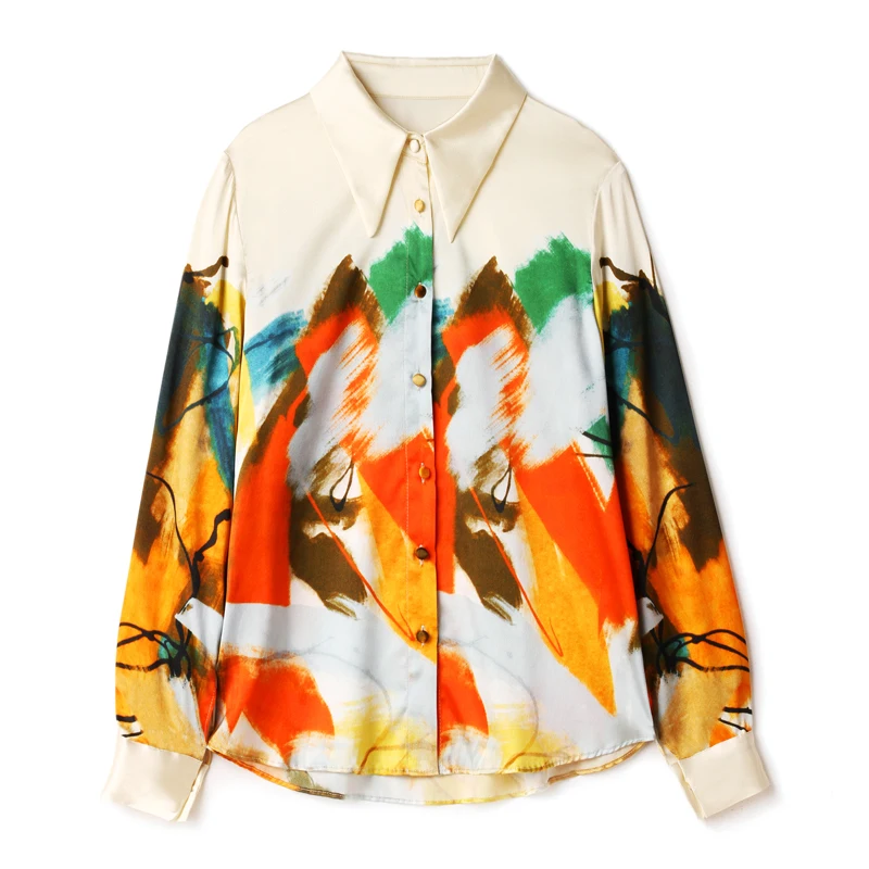

100% Silk Women's Shirt Turn Down Collar Long Sleeves Printed Elegant Fashion Camisa Blouse Tops