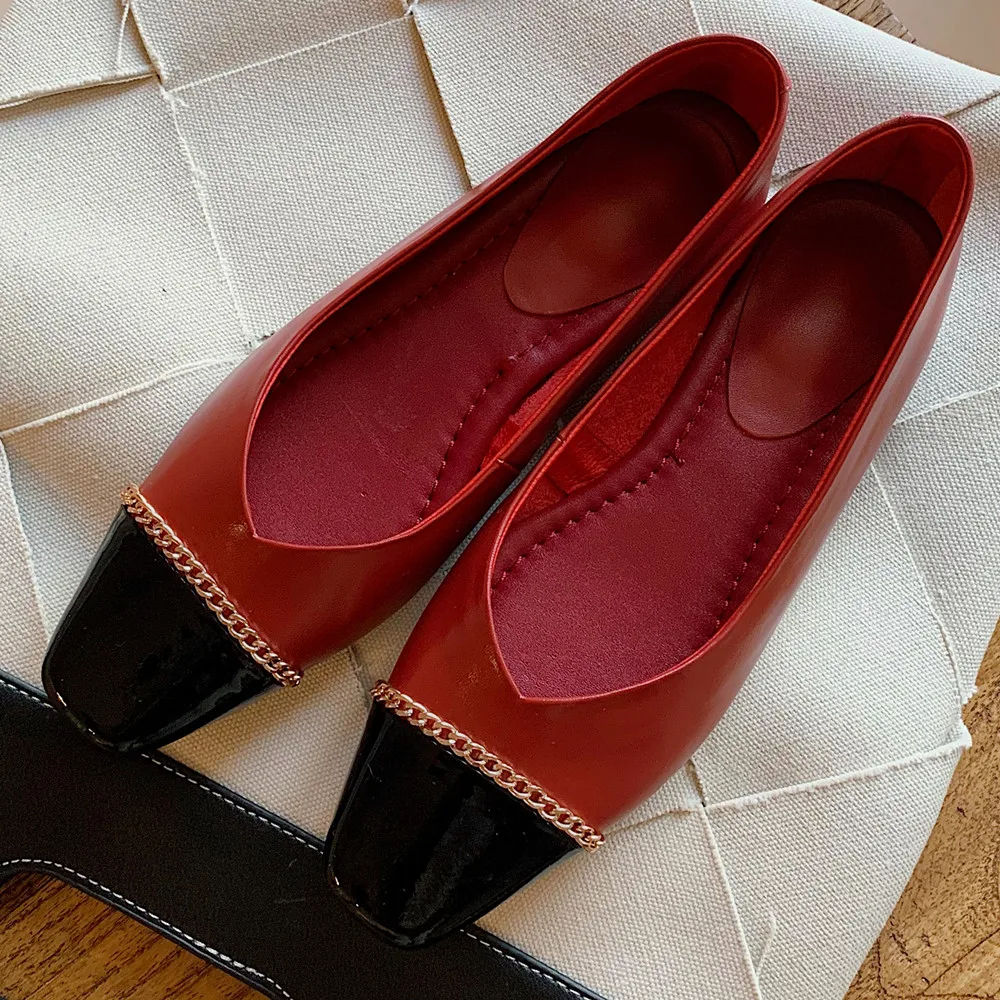 

Women's genuine leather slip-on flats leisure soft comfortable square toe chain female fashion casual single shoes footwear sale