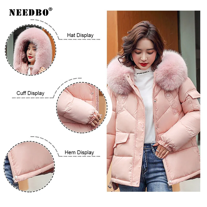 NEEDBO Winter Coat Women Puffer Jacket Hooded Cotton-Padded Short Woman Parkas Fur Collar Solid Color Loose Winter Clothes