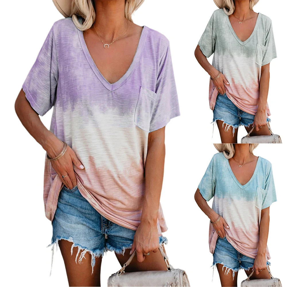 

Tie-Dye Loose Pockets Women T Shirt Summer Short Sleeve V-Neck Casual Pullover T-Shirt Tops Female Fashion Tee Shirt Tops D30