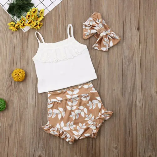 Conjunto de verano de 3 piezas para ni&ntilde;os y ni&ntilde;as, Top con tirantes de encaje, manga corta, pantalones cortos estampados y Diadema con lazo estampado-1