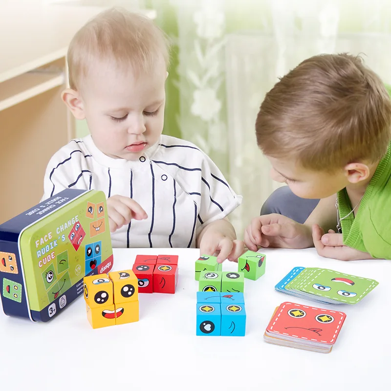 Cubo m&aacute;gico que cambia la cara de madera, bloques de construcci&oacute;n, caja de hierro, rompecabezas para ni&ntilde;os, juguetes interactivos de Educaci&oacute;n Temprana, regalos-2