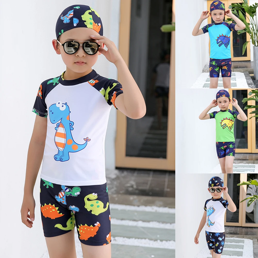 

2021 Boys Swimsuit Set Cartoon Pattern Short Sleeve And Shark Shorts Cartoon Pattern Beachwear Swimsuit Boys Hot Sale Swimwear