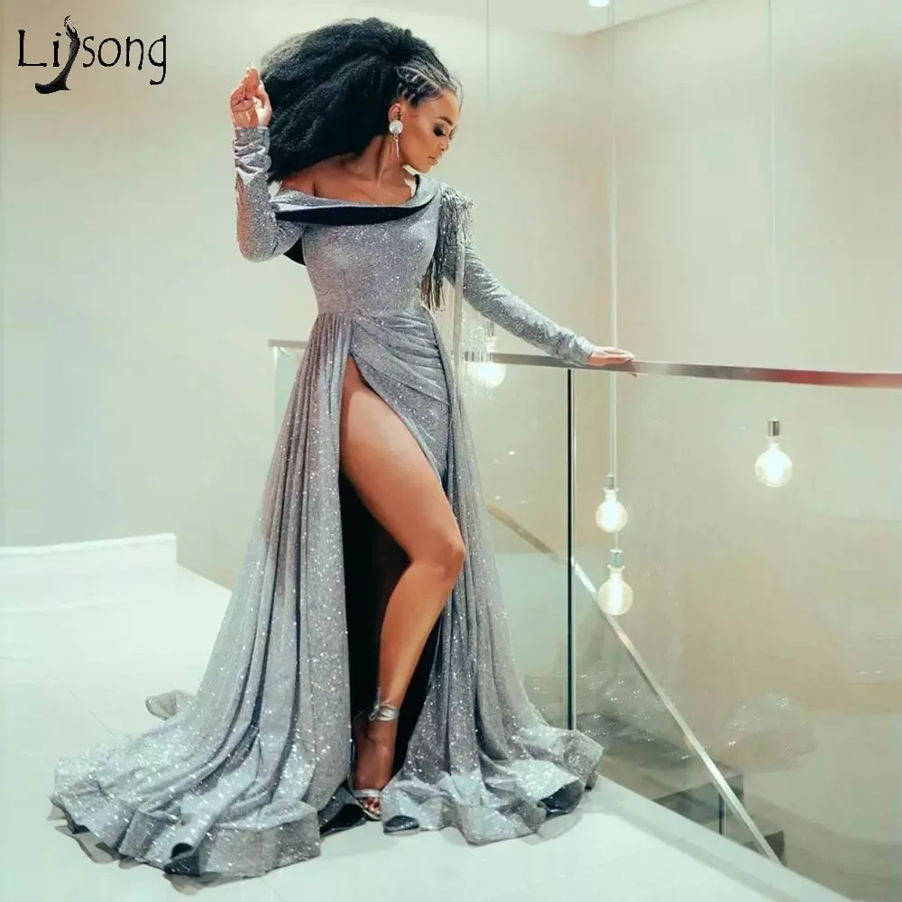 Женское блестящее длинное вечернее платье с длинным рукавом и высоким разрезом |