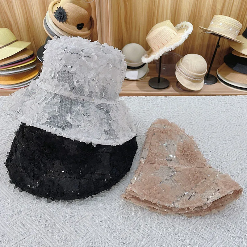 202105-YY new summer   spring light  fairy  sequins  petals leisure lady bucket cap women  fishermen hat