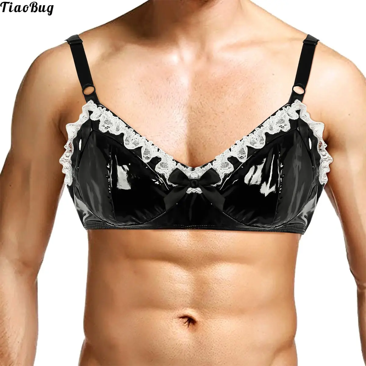 

TiaoBug Mens Sissy Gay Black Spaghetti Straps Lingerie Fashion Lace With Bowknot Wetlook Faux Leather Bra Top