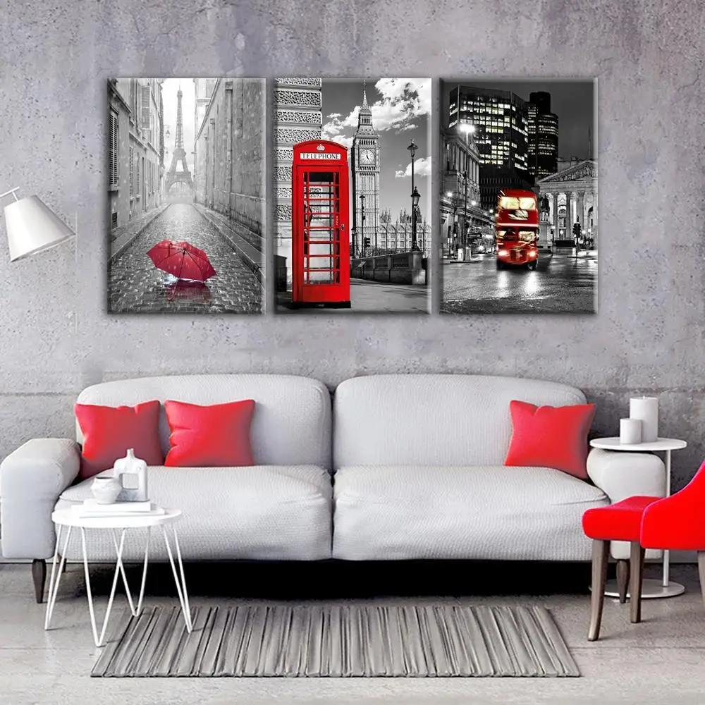 

3 Panels Modern Black White Paris Tower Telphone Box Red Car CityScapes Paintings Home Decoration Prints Canvas