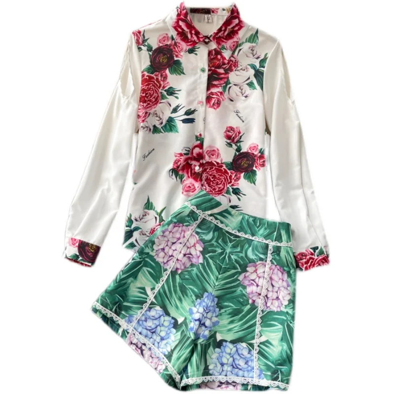 

Women New Fashion Spring and Summer Wear Printed Long-sleeved Shirts + High-waisted Wide-legged Shorts Two-piece Sets S702