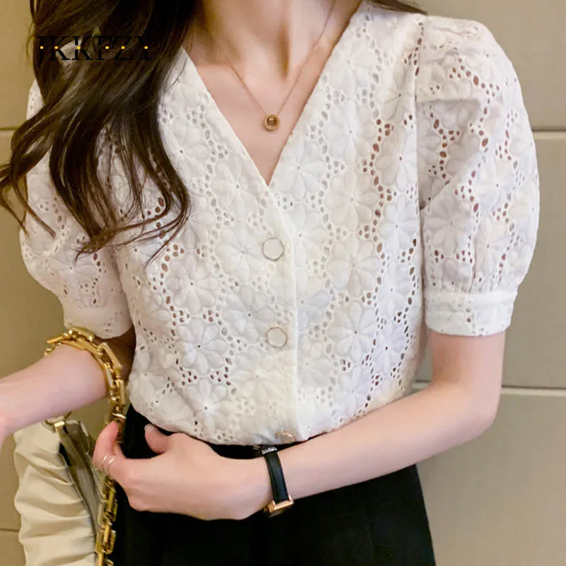

White Puff Sleeve Short Lace Base Shirt Top Women's 2021 V Neck Fashion Summer Chiffon Shirts Luxury Hollow Out Blouses White