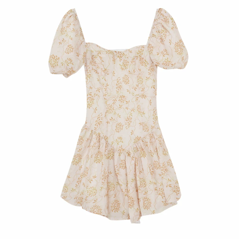 

Sexy Ruffles Women Puffed Sleeves Dress Square Neck Slim Waist Floral Dresses New 2021Summer fashion Princess Pleated Dresses