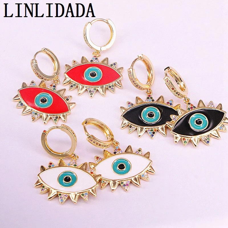

4Pair Fashion Jewelry Gold Color Dangle Earrings Colorful Enamel Eye CZ Micro Pave Earrings For Women Lady