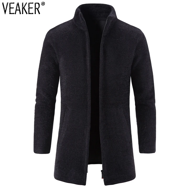 

Новинка 2021, мужской зимний длинный свитер, кардиган на молнии, мужской облегающий свитер, вязаная одежда, верхняя одежда