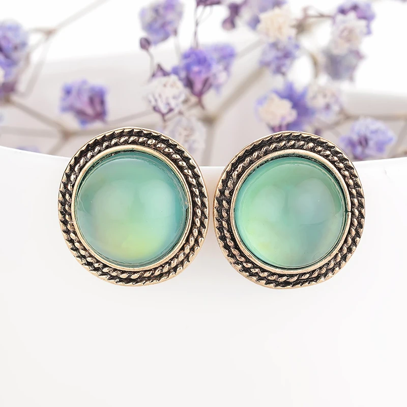 Bohemian Round Opal Stud Earrings 2021 Fashion Jewelry for Women Alloy Frame Statement Small Earring Christmas Deals Accessorie | Украшения