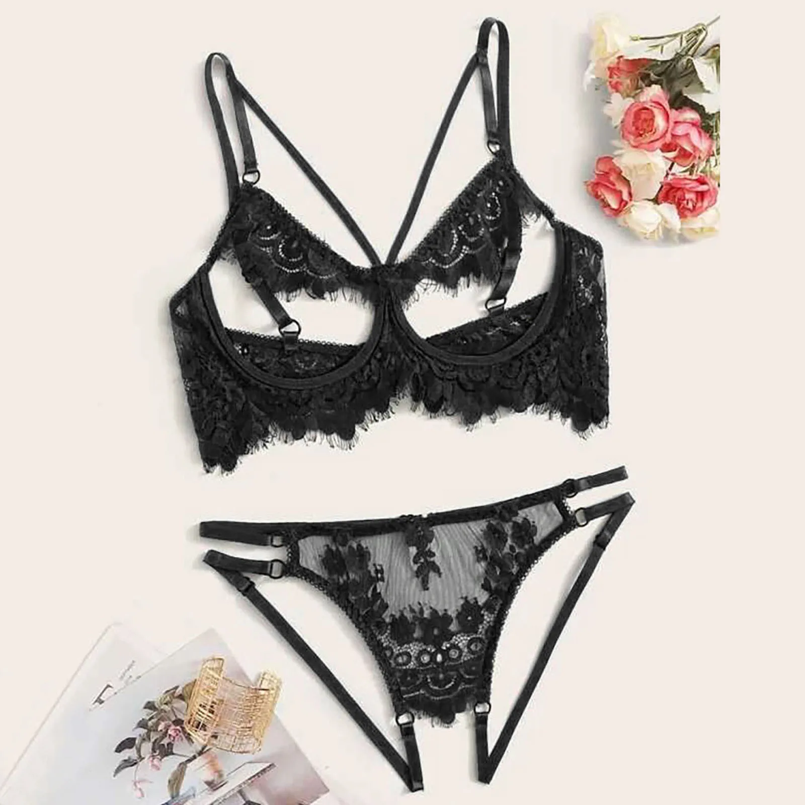 

Women Sexy Lingerie Set Lace Perspective Bra And Panty Set Mesh Sheer Strappy Ladies Exotic Underwear Nightwear tenue sexy femme