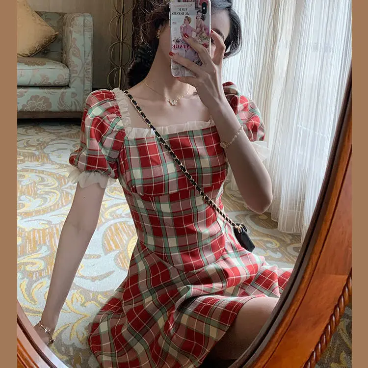 

Retro Plaid Red Dress Women's Dress 2021 Summer New Style Square Neck Bubble Sleeve Waist Slim Girl Dress