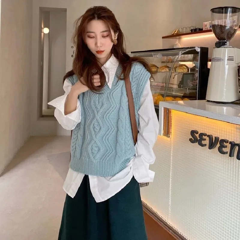 Korean Style Sweater Vest Women 2021 Fall Winter Casual Solid Argyle V Neck Sleeveless Pullover Knit Tank Top Waistcoat T704