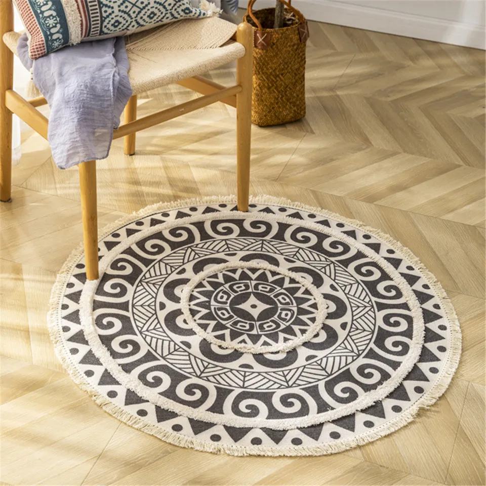 

Morocco Tassel Rug With Mandala Geometric Flower Printed Round Cotton Ethnic Rug For Home Living Room Bedroom Floor Mat Carpet