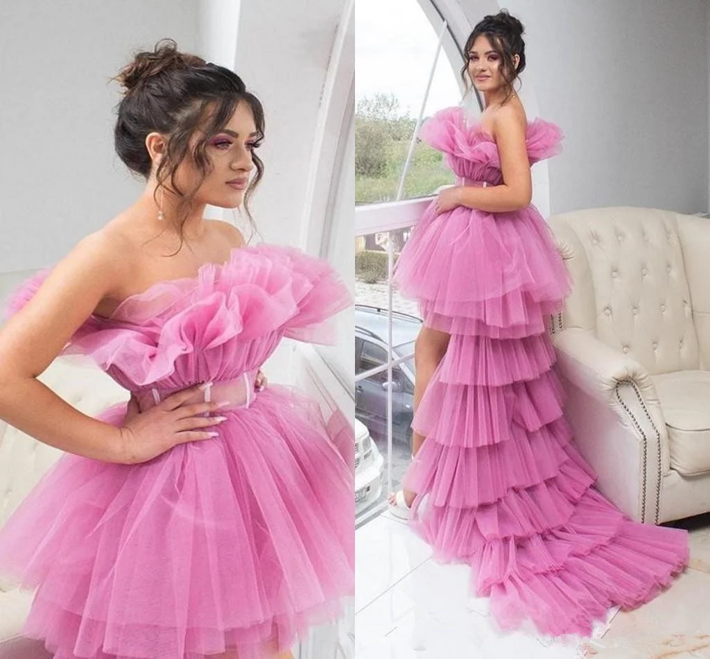 

Hot Pink High Low Puffy Prom Dresses Sash Ruched Strapless Tiered Tulle Tutu Cocktail Party Dress Simple Abiye Gece Elbisesi