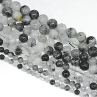 1pcs natural genuine black tourmaline rutilated needle quartz round loose stone beads diy necklaces or bracelets 156 12mm