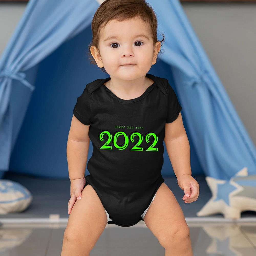 

2022 Happy New Year Costume Boy Fashion Black Short-sleeved Jumpsuit Summer Harajuku Kawaii Baby Girl Clothes Newborn Bodysuit