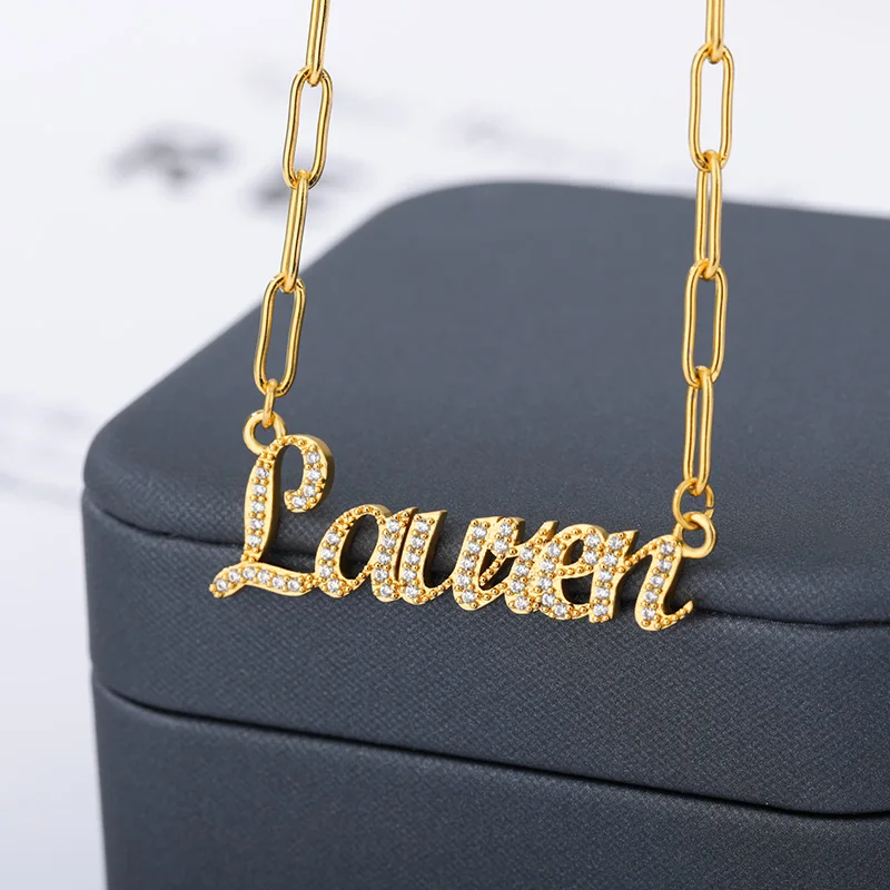

Personalized Custom Zircon Name Necklace Choker Stainless Steel Pin Chain Pendants Jewelry Handmade Nameplate Couple Gifts