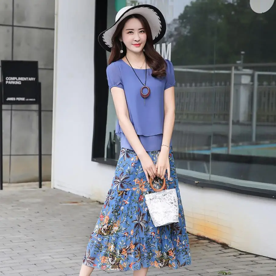 

Set 1pcs Blouse+ 1pcs Skirt For Summer Women's Dress O-Neck Short Sleeve A-Line Women's Dress Printing Ladies Dress SS3334