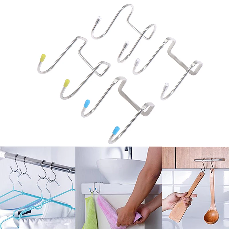 

4Pcs S Type Double Hook Stainless Steel Free Punching Hook Bathroom Kitchen Cabinet Door Behind The Door S Hook