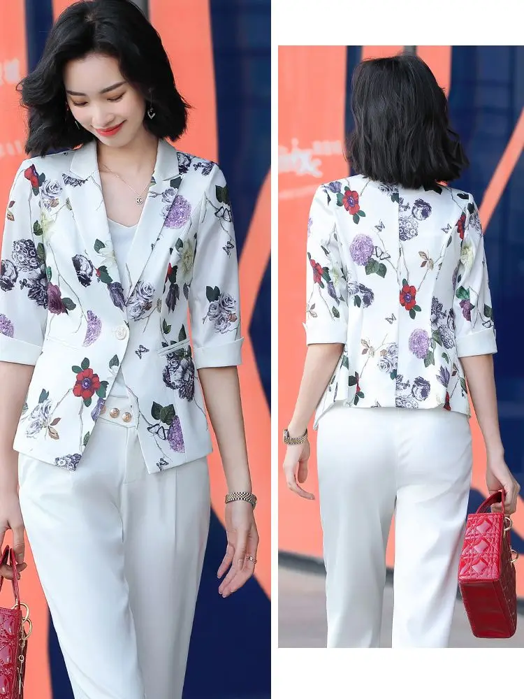 

Korean style Spring summer printing Print suit blazer office lady cropped jacket blazer blazers plus size clothing for women