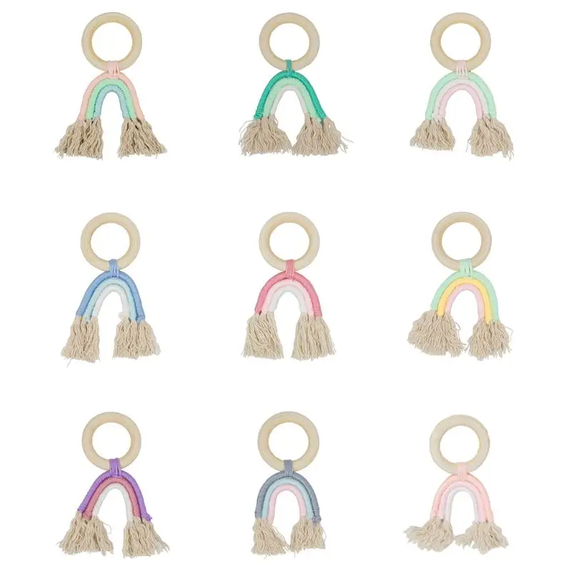 

Baby Teething Molar Bracelet Newborn Teether Woven Rainbow Hand Bell Ring Pacifier Chain Infants Educational Toys