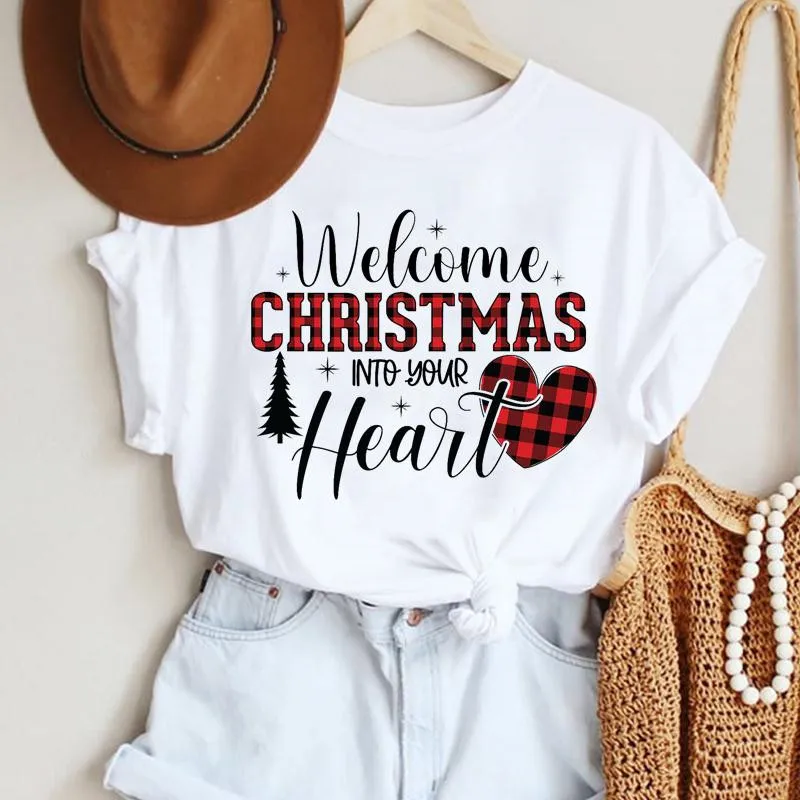 

Женская одежда 2022, клетчатая, с любовным сердцем, счастливая фотография, праздничный топ с мультяшным новогодним принтом, футболка с графич...