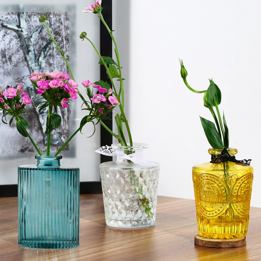 

Mini Textured Clear Flower Multicololr Glass Vase Bottle Vintage Stem Bud Plant Holder Hydroponic Home Garden Deco Living Room