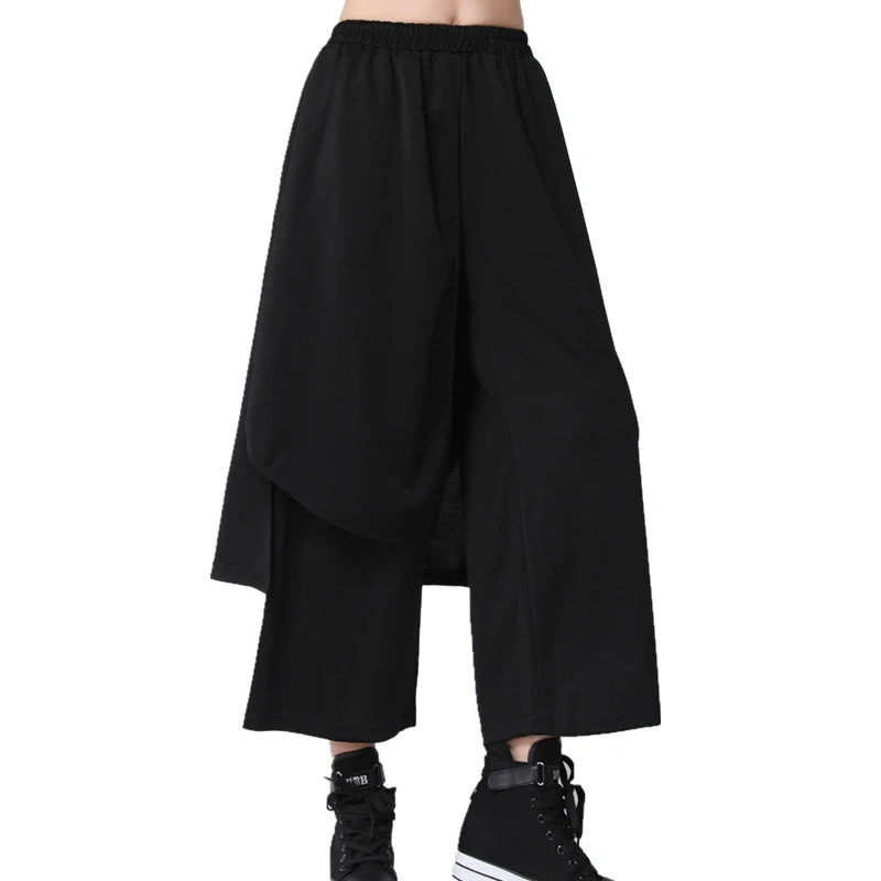 

New Street Fashion Pants for Girls Trend Elastic Waist Patchwork Fake 2Pcs Outfit Cotton Mid Waist Solid Black Streetwear 2021
