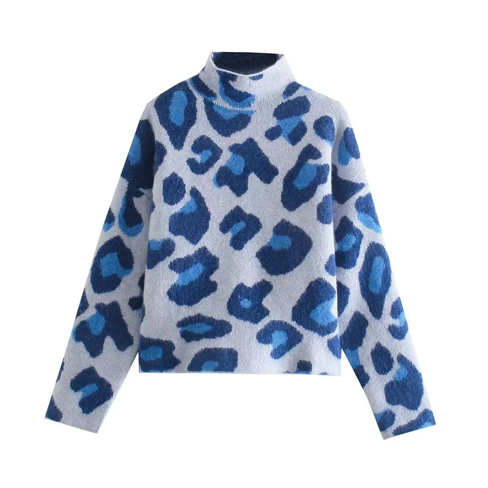 

Warm Knitted Sweater Jumper Women Leopard Print Blue Tops Knitting Pull 2021 Streetwear Knitwear Thick Winter Pullover Sweaters