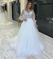 long sleeve wedding dress v neck tulle organza floor length sweep train bridal gowns 3 d flowers custom made puff sleeve luxury