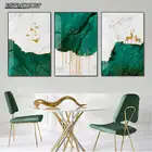 Холщовая живопись, Абстрактные Художественные Плакаты HD, Золотой и зеленый лось, птица, картина, художественный декор, настенные декоративные картины для гостиной Живопись современного северного минимализма