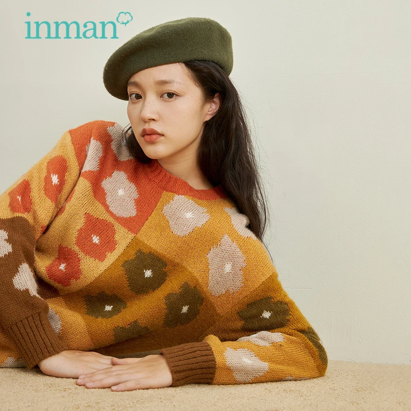 

INMAN Women's Sweater Winter Autumn Vintage Retro Style Lady Cute Multi-Color Flower Knitted Pullover Tops