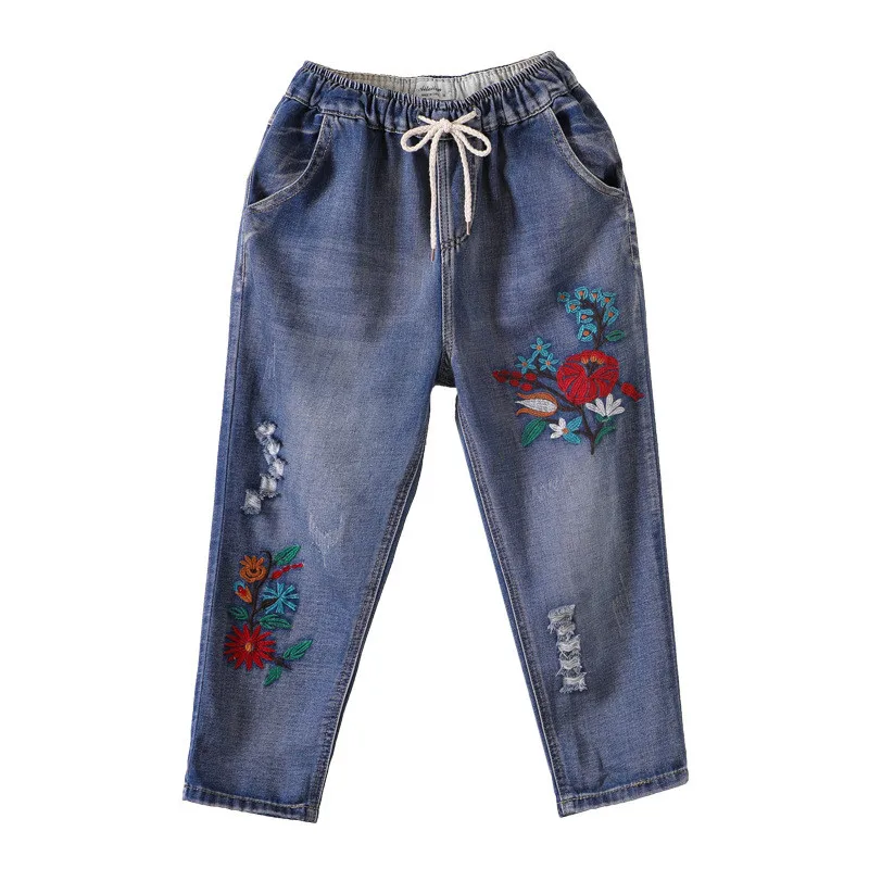 Джинсы женские в этническом стиле с вышивкой Капри рваные джинсы потертостями