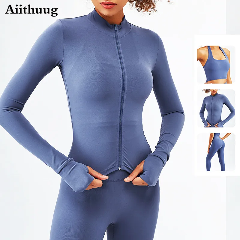 

Aiithuug Women's Sports Jacket Full Zip Workout Running Jacket Yoga Sets Slim Fit Long Sleeve Yoga Track Jacket with Thumb Holes
