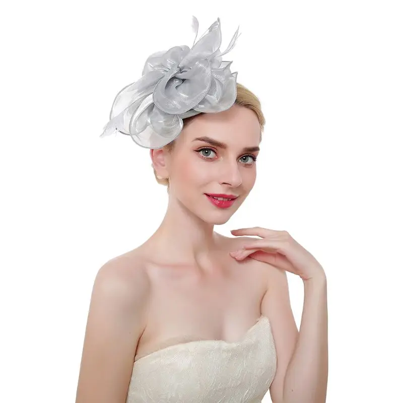 

16 Color Women Large Ruffles Flower Fascinator Hat Vintage Solid Color Multi Feather Tea Party Duckbill Hair Clip