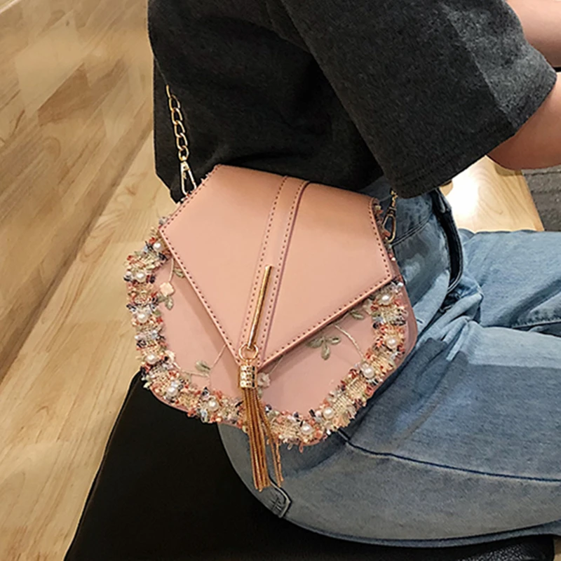 Женская кожаная сумочка с жемчужинами роскошная сумка на плечо металлической