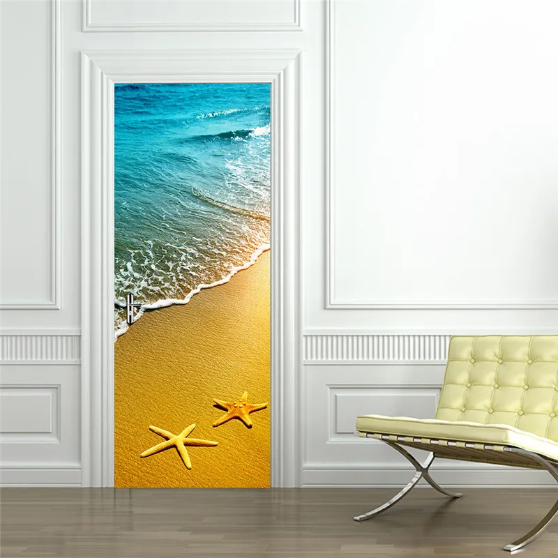 

Наклейки на дверь с изображением пляжа и пейзажа, самоклеящиеся водонепроницаемые украшения для спальни, гостиной