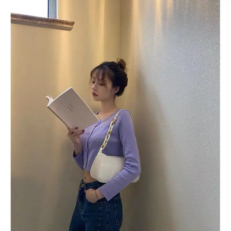 

Vintage Ladies Small Shoulder Messenger Bags Acrylic Chain Women Baguette Purse Handbag Solid Color PU Leather Female Armpit Bag