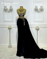 luxury black velvet mermaid evening dress beaded tassel dresses for women high neck party gown arabic slit vestidos de