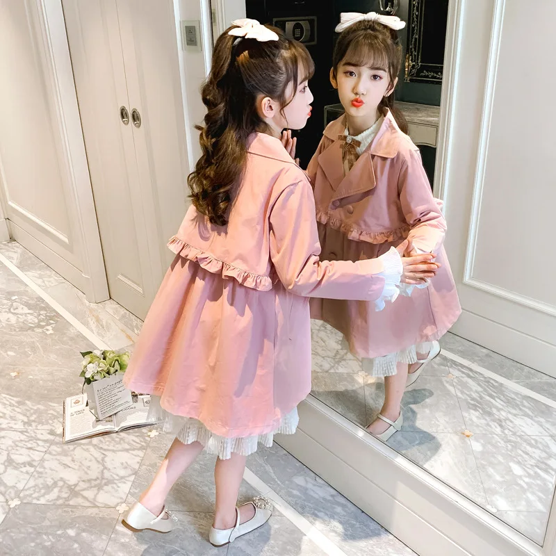 

Trendy Girl Autumn Turn Down Collar Double Breasted Jacket Coat Teens Girls Outerwear Clothing Kids Spring Fall Pink Jacket Tops