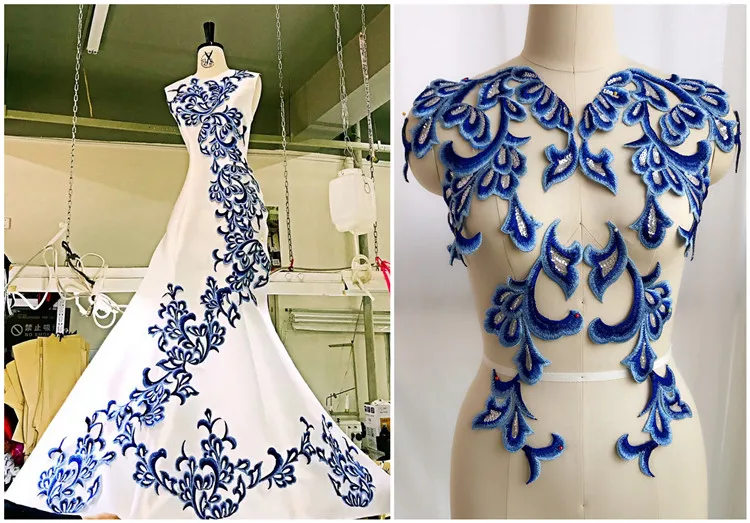 

Color blue and white porcelain evening dress lace applique patch accessories manual DIY decoration decals