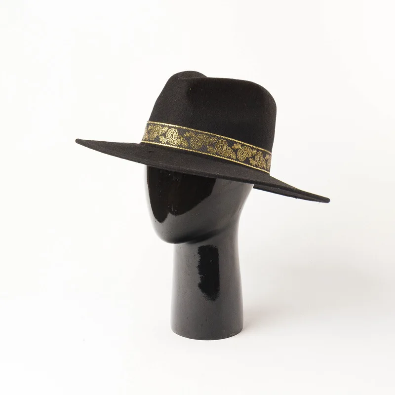 Autumn Winter Fashion wool Embroidery decorative ribbon Wide Jazz Shopping Tourist Style Felt Fedoras Hats for Women Men
