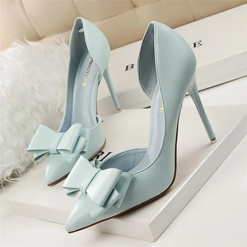 

2021Fashion Delicate Sweet Bowknot High Heel Shoes Side Hollow Pointed Women Pumps Pointed Toe 10.5CM thin Dress Shoes