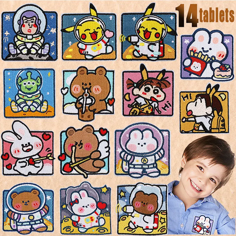 

Moon Rabbit Badge Space Bear Embroidery Alien Heat Transfer Fabric Sticker Clothes Patch Cartoon Character